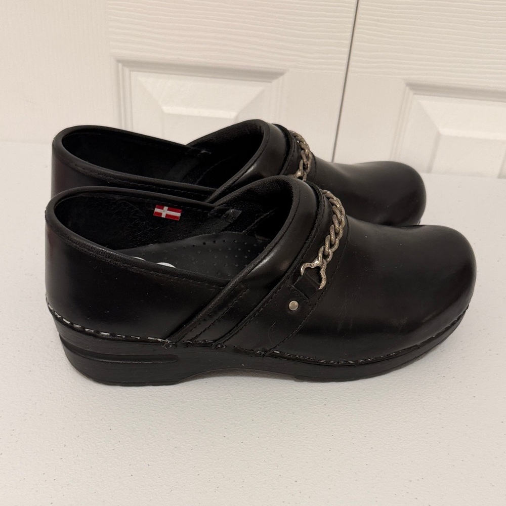 SANITA Black Leather Clog Shoes with Chain Detail worn once